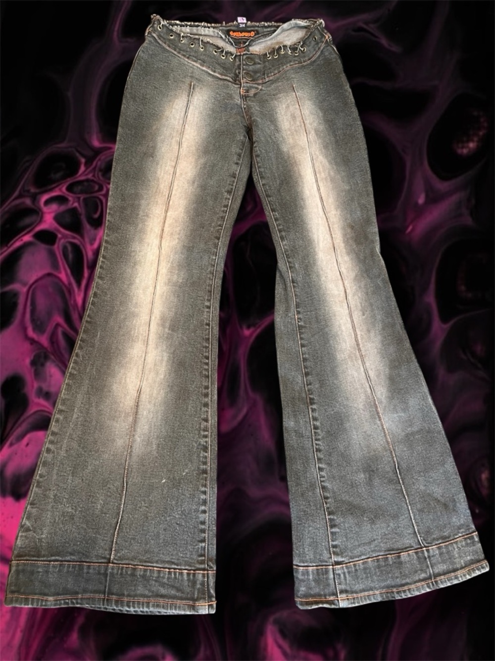 Y2k Rare Dollhouse Lowrise Flare Gray wash Jeans Orange Stitch 3/4 Gromet Rings
